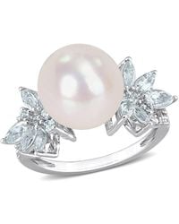 Amour - 11-12Mm Cultured Freshwater Pearl And 1 1/5 Ct Tgw Aquamarine And 1/10 Ct Tw Diamond Flower Ring - Lyst