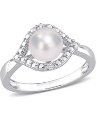 Amour - 7-7.5Mm Freshwater Cultured Pearl And Created Sapphire Halo Ring - Lyst