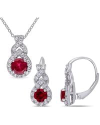 Amour - 2-Piece Set Of Created Sapphire And Created Ruby Twist Teardrop Halo Leverback Earrings And Pendant With Chain - Lyst