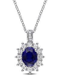 Amour - Diamond And 4 Ct Tgw Created And Created Sapphire Oval Halo Pendant With Chain - Lyst