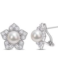 Amour - 8.5-9Mm Freshwater Cultured Pearl And 2 3/4 Ct Tgw Created Sapphire Floral Earrings - Lyst
