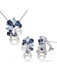 Amour - 2-Pc Set Of 5 3/4 Ct Tgw London And Sky Topaz, Sapphire And Cultured Freshwater Pearl Cluster Earrings And Pendant With Chain - Lyst