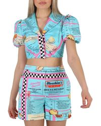 Moschino - All-over Diner Menu Print Cropped Silk Blouse - Lyst