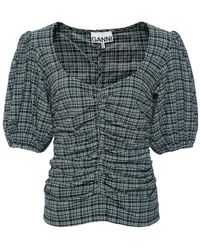 Ganni Seersucker V-neck Blouse in Green | Lyst