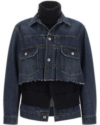 Sacai - Denim Jacket With Ribbed Knit Underlayer - Lyst