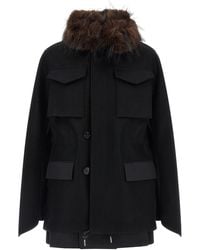 Sacai - Wool Coat With Fur Insert - Lyst