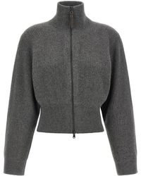 Brunello Cucinelli - Ribbed Cardigan With Leather Detail - Lyst