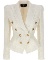 Balmain - Double-breasted Tweed Blazer With Logo Buttons - Lyst
