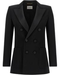Saint Laurent - Satin Lapel Double-Breasted Blazer - Lyst