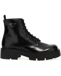 Prada - Brushed Leather Lace-Up Ankle Boots - Lyst