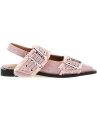 Ganni - 'feminine Buckle Fringed Denim' Slingback - Lyst
