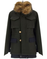 Sacai - Wool Coat With Fur Insert - Lyst