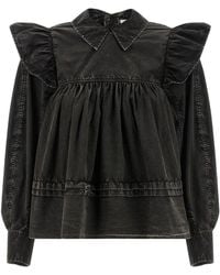 Ganni - 'black Washed Frill' Blouse - Lyst
