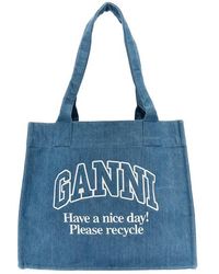 Ganni - Logo Embroidery Denim Shopping Bag - Lyst