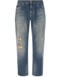 Dolce & Gabbana - Distressed Denim Jeans With Signature Plaque - Lyst