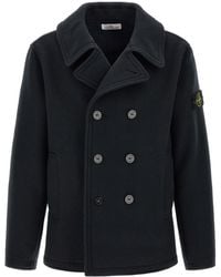 Stone Island - Double-breasted Coat With Logo Badge - Lyst