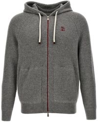 Brunello Cucinelli - Logo Embroidered Hooded Cardigan - Lyst