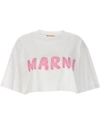 Marni - Logo Print Cropped T Shirt Bianco - Lyst