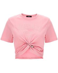 Versace - Bropped T-shirt With Embroidered Logo Pin - Lyst