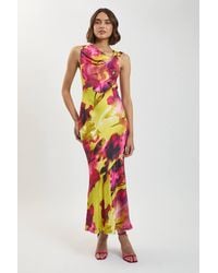 Karen Millen - Viscose Satin Floral Print Asymmetric Shoulder Maxi Dress - Lyst