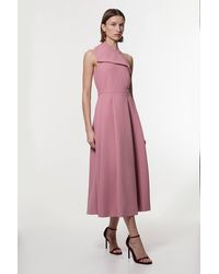 Karen Millen - Compact Stretch Halter Neck Belted Full Skirted Midaxi Dress - Lyst