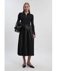 Karen Millen - Petite Knitted Zip Neck Pu Mix Pleated Midi Dress - Lyst