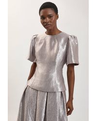 Karen Millen - Metallic Textured Puff Sleeve Top - Lyst