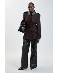 Karen Millen - Wool & Faux Leather Detail Short Pea Coat - Lyst