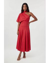 Karen Millen - Premium Tailored Linen High Neck One Shoulder Full Midi Dress - Lyst
