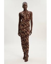 Karen Millen - Leopard Print Plunge Halter Neck Mesh Midi Dress - Lyst