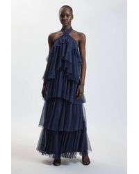 Karen Millen - Layered Tulle Halterneck Maxi Dress - Lyst
