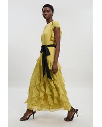 Karen Millen - Ruffle Detail Chiffon Belted Woven Maxi Dress - Lyst