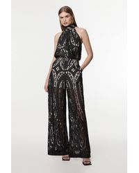Karen Millen - Tall Sheer Georgette Cutwork Woven Wide Leg Trouser - Lyst