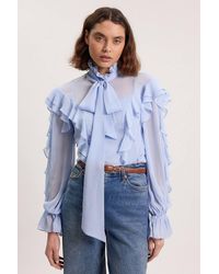 Karen Millen - Ruffle Front Crinkle Georgette Pussy Bow Blouse - Lyst