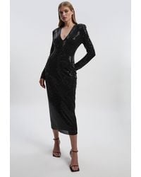 Karen Millen - Premium Crystal Embellished Long Sleeve Plunge Neck Midi Dress - Lyst