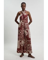 Karen Millen - Linen Viscose Tile Print Belted Woven Jumpsuit - Lyst