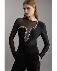 Karen Millen - Figure Form Bandage Mesh Detail Embellished Knit Top - Lyst