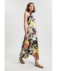 Karen Millen - Abstract Print Viscose Linen Woven Halter Neck Maxi Dress - Lyst
