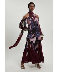 Karen Millen - Photographic Floral Crinkle Georgette High Neck Cold Shoulder Woven Maxi Dress - Lyst