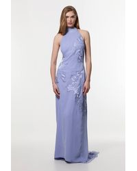 Karen Millen - Petite Applique And Lace Georgette Woven Halter Maxi Dress - Lyst