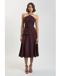 Karen Millen - Textured Sateen Lace Halter Neck Belted Midi Dress - Lyst