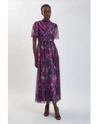 Karen Millen - Blurred Floral Cross Detail Tulle Maxi Dress - Lyst