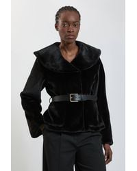 Karen Millen - Faux Fur Oversize Collar Belted Short Coat - Lyst