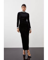 Karen Millen - Stretch Velvet Crystal Embellished Long Sleeve Maxi Dress - Lyst