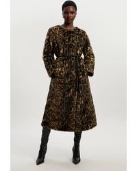 Karen Millen - Faux Fur Leopard Collarless Tie Belted Midi Coat - Lyst