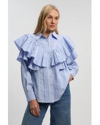 Karen Millen - Cotton Poplin Stripe Ruffle Detail Long Sleeve Woven Collared Shirt - Lyst