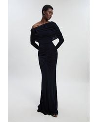 Karen Millen - Drapey Crepe Off The Shoulder Ruched Detail Fishtail Maxi Dress - Lyst