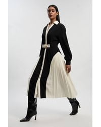 Karen Millen - Tailored Crepe Colour Block Belted Pleated Midi Dress - Lyst