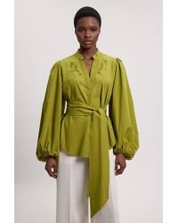 Karen Millen - Poplin Embroidered Detail Belted Blouse - Lyst