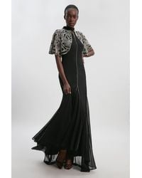 Karen Millen - Crystal Embellished Cutwork Cape Detail Woven Maxi Dress - Lyst